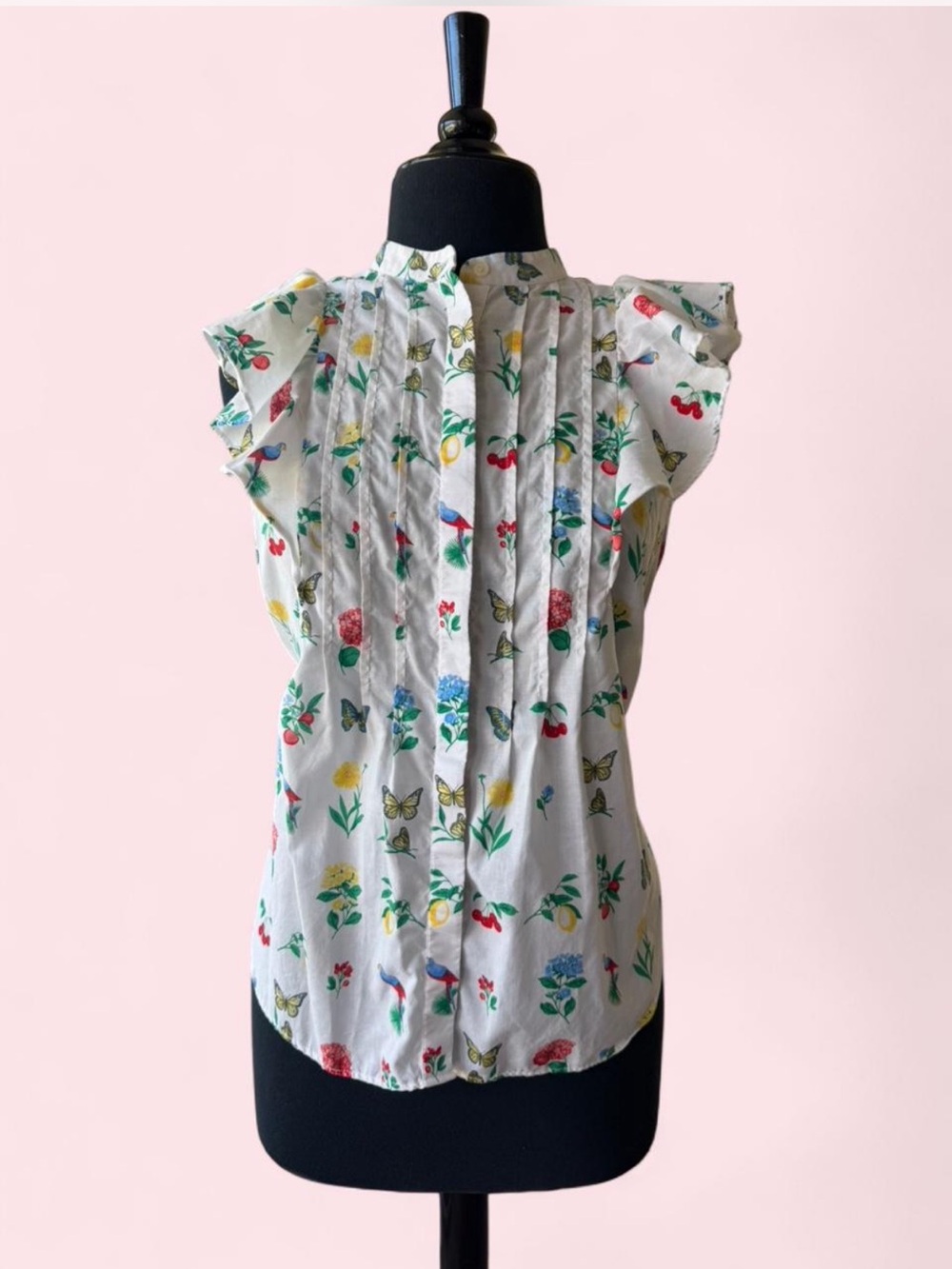 Ann Taylor White Floral & Butterfly Flutter Ruffle-Sleeve Summer Fairy Blouse - Picture 1 of 6